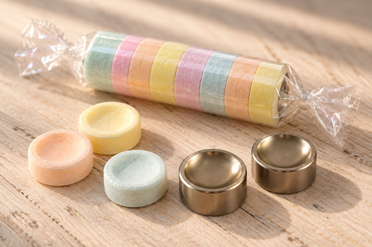 Bonbons pastel en rouleau et Pastilles métalliques Wood Vibe : l’inspiration d’un détail de design.