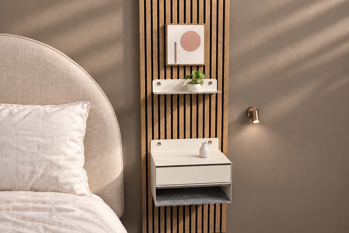Étagère, module Modulo et niche ouverte Blanc sable à côté du lit.