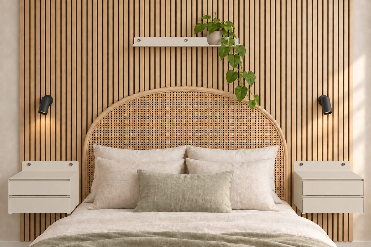 Étagère blanc sable au-dessus du lit et chevets Modulo de chaque côté dans une chambre adulte.