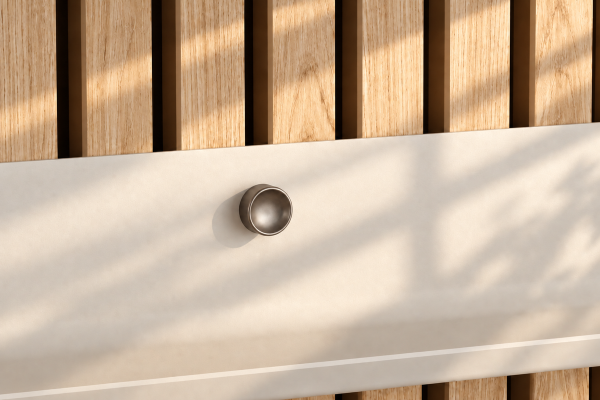 Gros plan d’une Pastille concave satinée sur une étagère blanc sable.