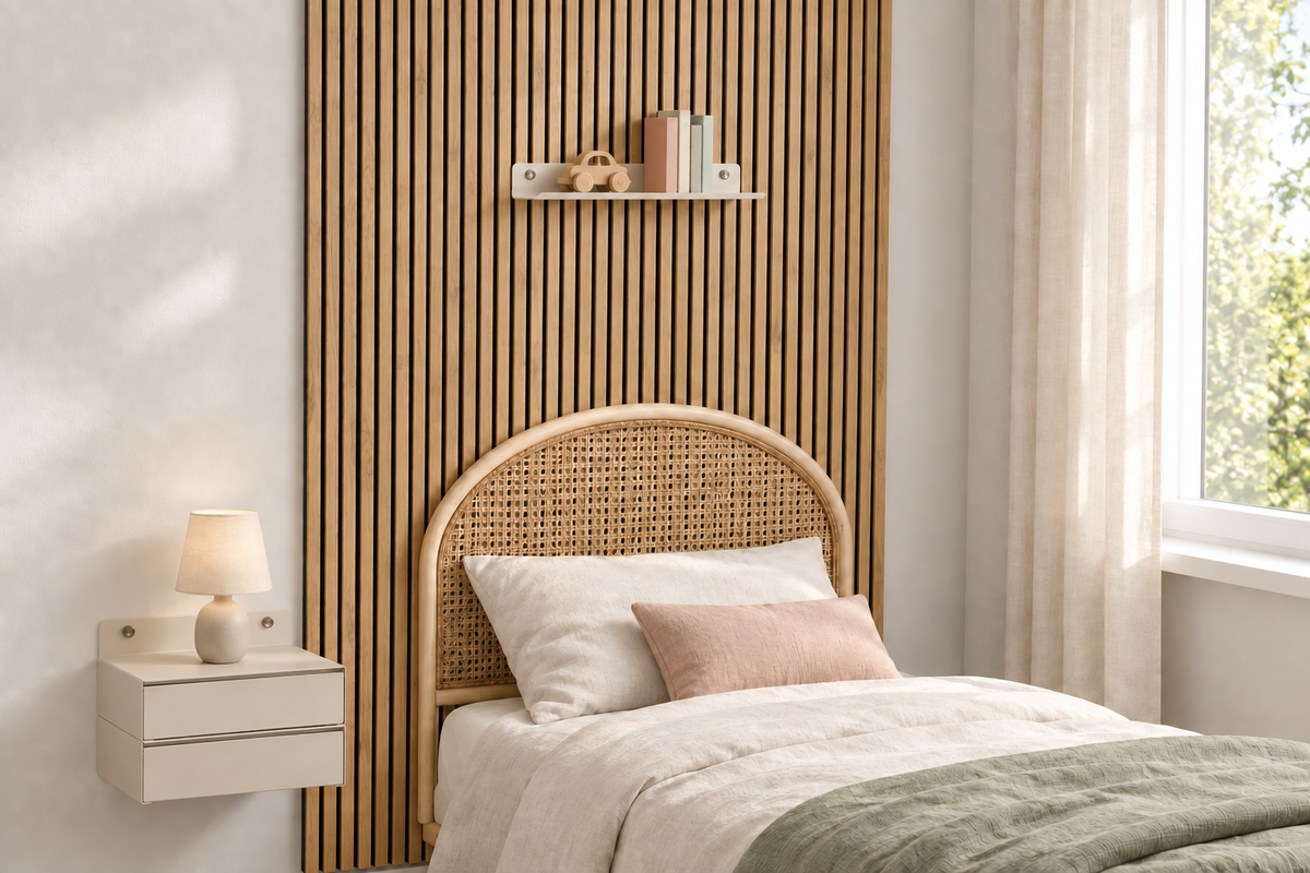 Étagère blanc sable au-dessus d’un lit en rotin avec deux modules Modulo superposés à gauche.