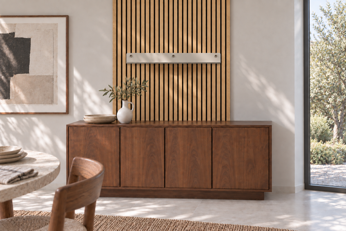 Étagère de 80 cm blanc sable au-dessus d’un bahut en bois, dans un salon éclairé naturellement.
