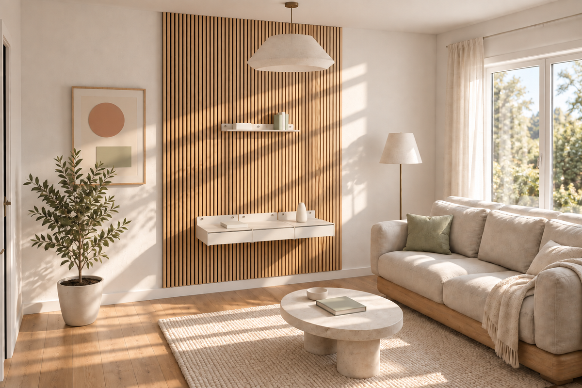 Étagère blanc sable au-dessus de trois modules Modulo, dans un salon lumineux aux tons naturels.