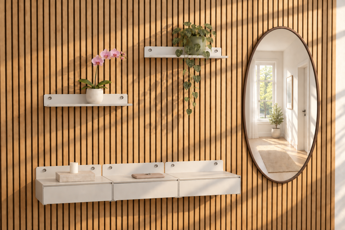 Deux étagères blanc sable avec plantes et trois Modulo, près d’un miroir ovale dans une entrée.