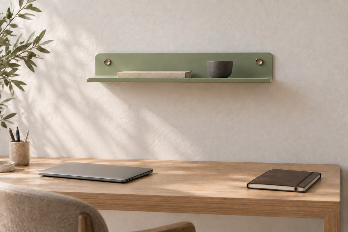 Étagère vert olive de 56 cm au-dessus d’un bureau en bois, avec un livre et un petit vase.