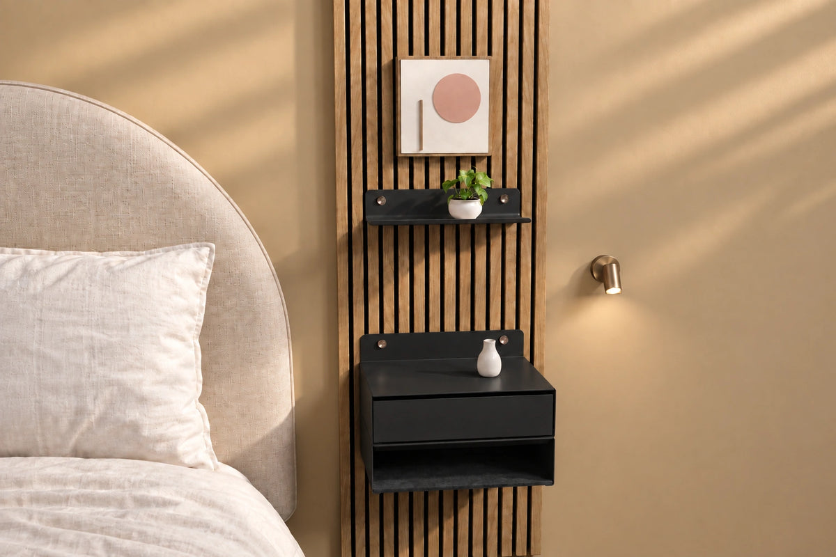 Étagère noir chambre avec Modulo noir niche.