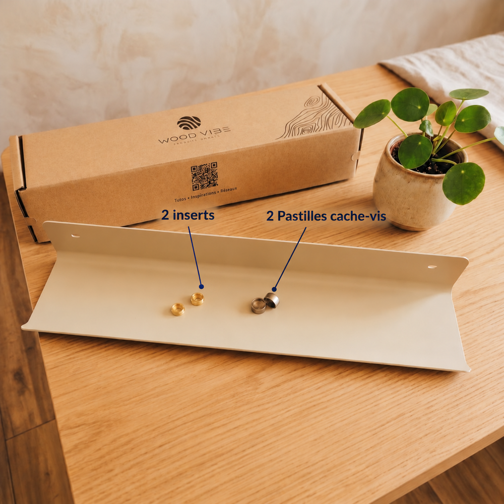 Contenu de la boîte étagère 40 ou 56 cm : 2 inserts et 2 Pastilles cache-vis.