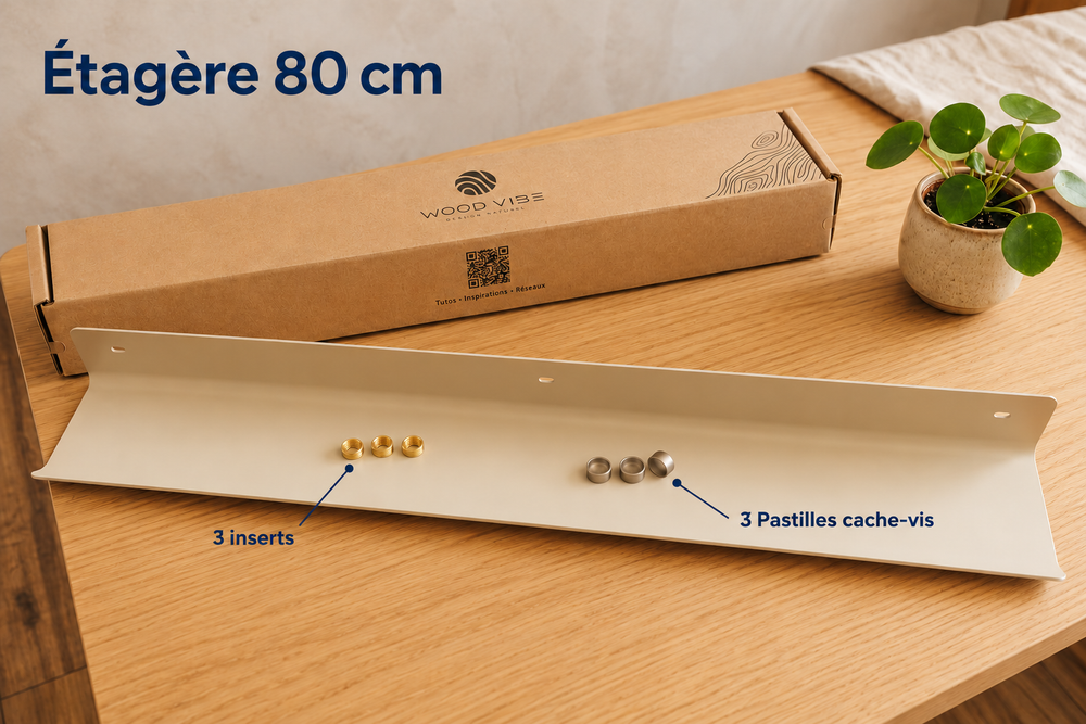 Contenu de la boîte étagère 80 cm : 3 inserts et 3 Pastilles cache-vis.