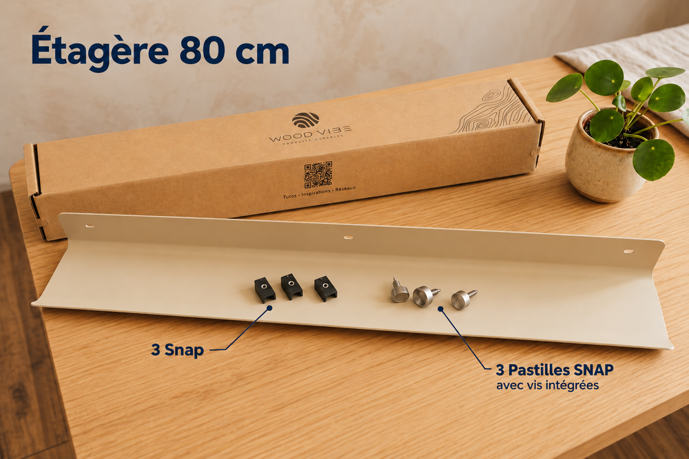 Contenu de la boîte étagère 80 cm : 3 Snap et 3 Pastilles SNAP avec vis intégrées.